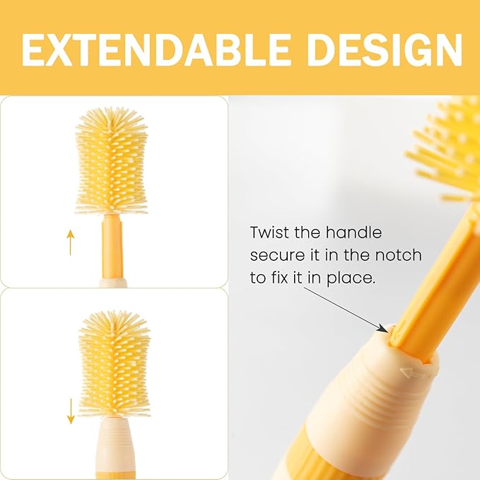Travel Bottle Brush, 6-in-1 Portable Travel Bottle Cleaner Kit with Small Bottle Brush Built in Drying Rack, Nipple Brush, Straw Brush, Soap Dispenser, for Baby Bottles Under 8 OZ, BPA-Free(Yellow)