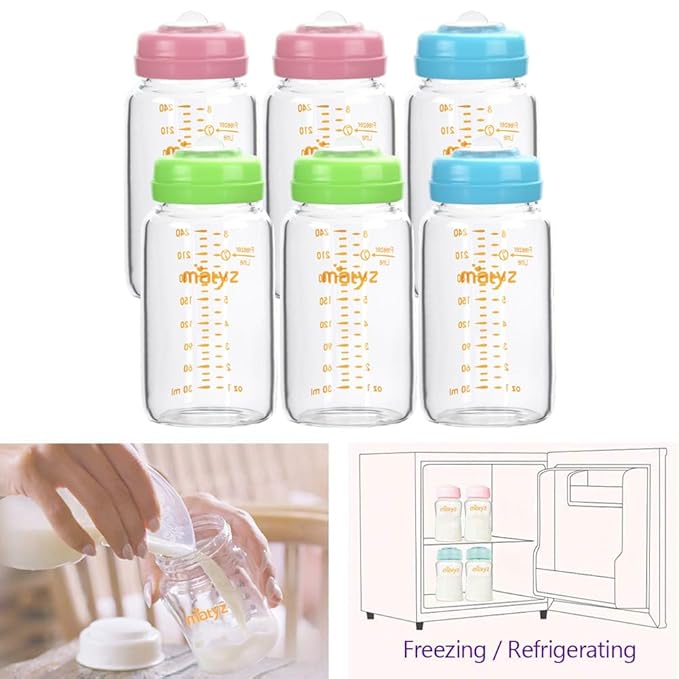 Matyz Glass Breastmilk Storage Bottles, 6 Pack, 8 oz, Compatible With Spectra Medela Breast Pump - Freezer Safe Storage Bottles Set - Wide Mouth Breastmilk Storage Containers - BPA Free (3 Color Lids)