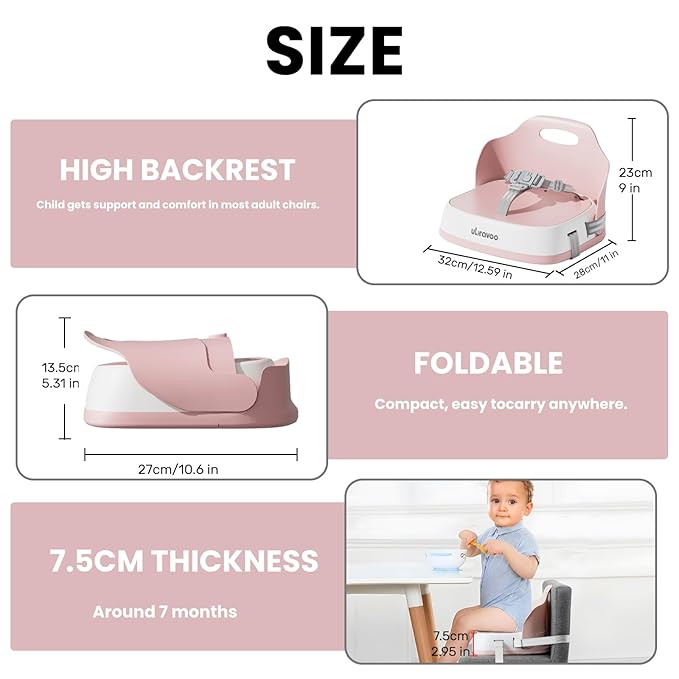 Baby Booster Seats, Toddler Booster Seat for Dining Table with Adjustable Straps, Portable Compact Portable Baby Chair for Dining and Travel (Pink)