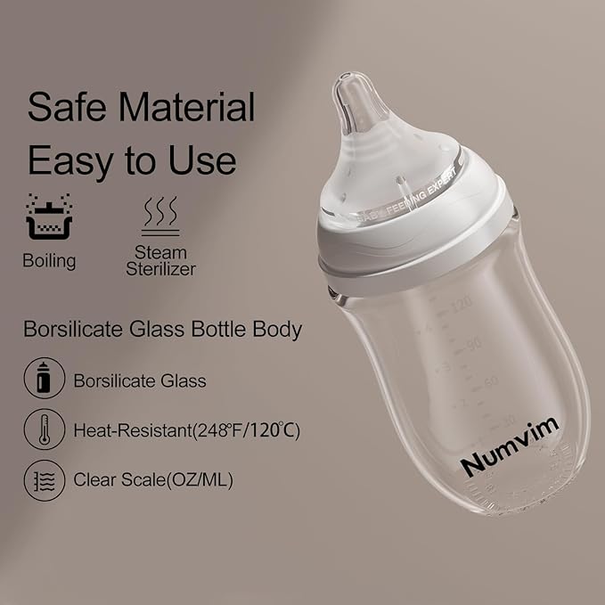 Natural Glass Baby Bottle Gentle & Extra Slow Flow, Newborn Breastfeeding Bottle with Anti Colic Nipple for 0 Months Babies, Includes S Nipples, (5Oz, 2 Packs)