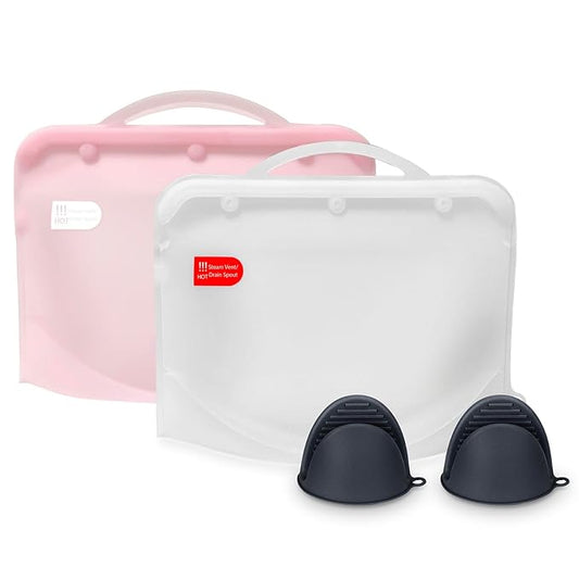 Silicone Microwave Steam Sterilizer Bag for Baby Bottles, Reusable Sterilizing Bag for Pump Parts and Toddler Accessories, Easy to Use Sterilizer Bags Perfect for Home and Travel, Pink& White (2PC)