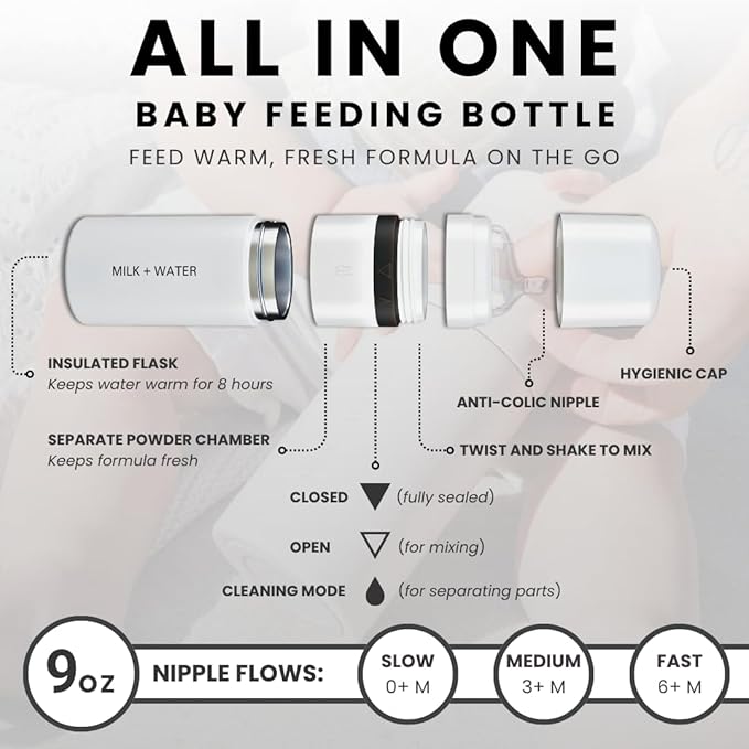 MILK & WATER All in One Baby Bottle & Baby Formula Dispenser On The Go, 9oz - Keeps Water Warm & Formula Fresh - Baby Formula Mixing Bottle with Anti Colic Nipple - Leak-Proof - 6+ Months (White)