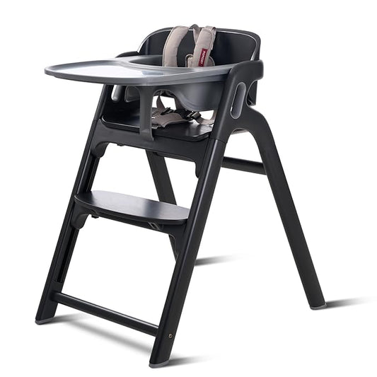 Momcozy DinerPal Wooden High Chair for Babies, Toddlers & Adults Up to 308 Lbs, Convertible Baby Highchair with Food-Grade Tray, Dishwasher-Safe, Adjustable & Ergonomic, Midnight Black