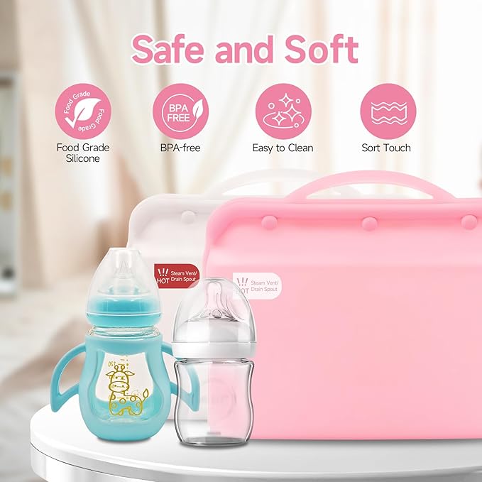 Silicone Microwave Steam Sterilizer Bag for Baby Bottles, Reusable Sterilizing Bag for Pump Parts and Toddler Accessories, Easy to Use Sterilizer Bags Perfect for Home and Travel, Pink (1PC)