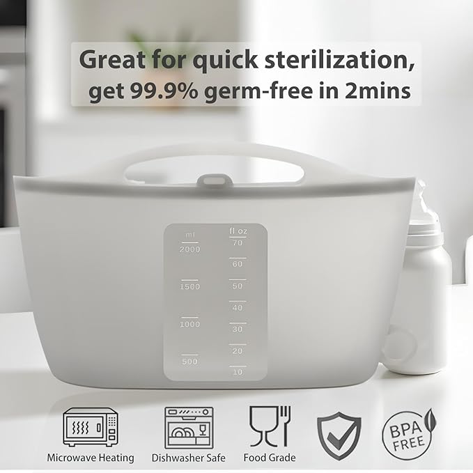 Silicone Microwave Steam Sterilizer Bag for Baby Reusable Quick Sterilizing Bag for Bottles Breast Pump Parts Toddler Accessories Great for Travel - 2000ml Grey