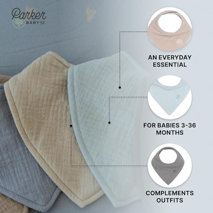 Parker Baby Muslin Bandana Drool Bibs | 100% Soft Muslin Cotton, Absorbent & Adjustable | Stylish Teething & Drooling Bibs