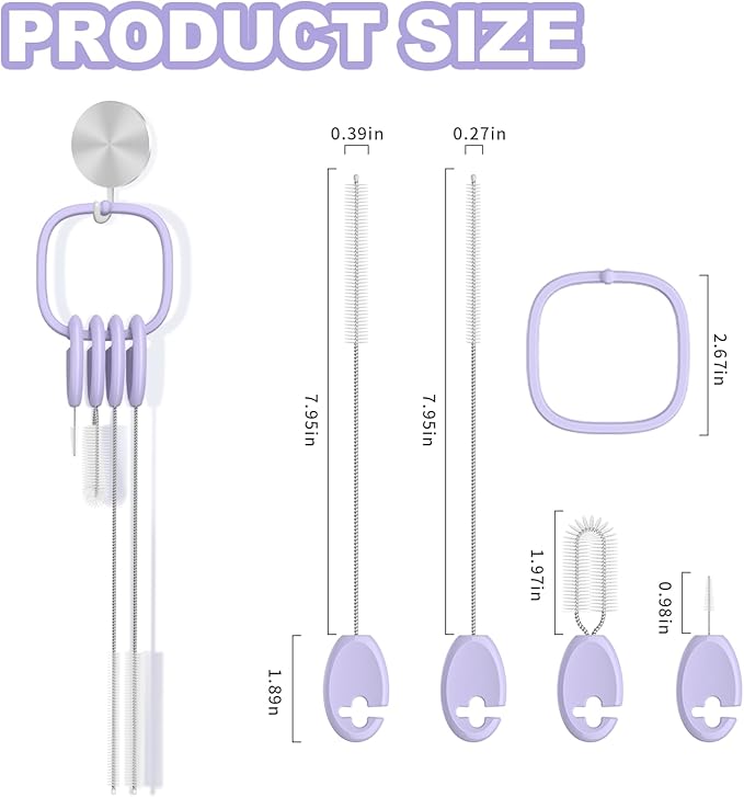 YOTIME Standing Straw Cleaner Brush Set, 4in1 Reusable Straw Brushes with Holder Ring, for Wide and Narrow Straws, Tumblers, Water Bottles and Cups, Purple