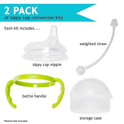 Soft Spout Transition Sippy Cup Kit for Comotomo Baby Bottles - Botabee Conversion Kit Fits 5 and 8 Ounce Bottle - Sippy Cup Baby Bottle Nipple with Weighted Straw & Bottle Handles (Pack of 2, Green)