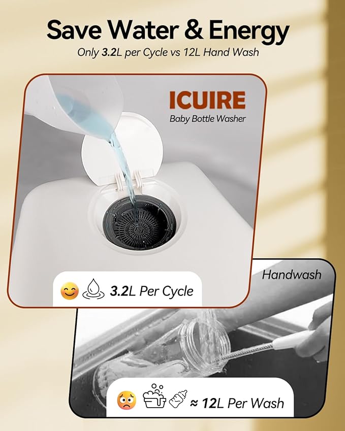 ICUIRE Baby Bottle Washer and Sterilizer and Dryer, 131-167°F High Temperature Sterilize for Baby Stuff, 3.2L Water Tank to Clean Bottles, Pump Part &Pacifiers&Bowl, Newborn Parents One-Hand Operation