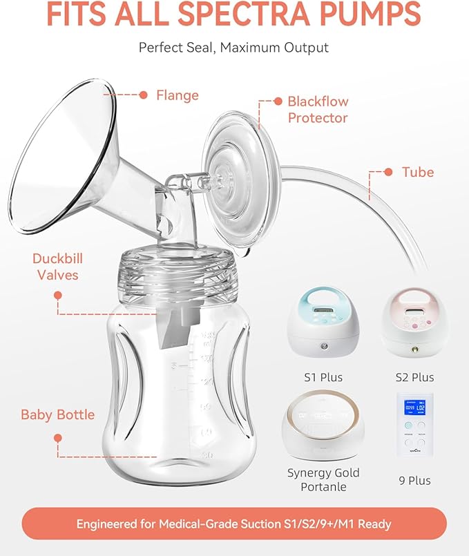 Breast Pump Parts Compatible with Spectra S1,S2,S9 Plus, Replacement Kit for Spectra Pump Parts 2PC Include 26 mm Flange, Duckbill Valve, Tube,Bottle, Backflow Protector, Not Original Accessories