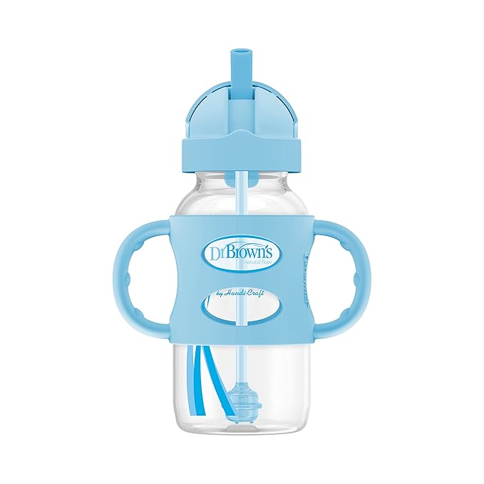 Dr. Brown's Milestones Wide-Neck Sippy Straw Bottle with 100% Silicone Handles and Weighted Straw, 9 oz/270 mL, Gray & Blue, 6m+