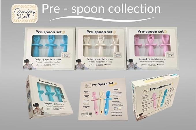 Growing Love Baby Spoons Set, Self Feeding 6 months, Pre-Spoon, Baby utensils, training spoon, cuchara bebe, blw, 100% silicone, Anti choke shield (vanilla)