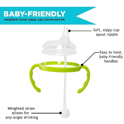 Soft Spout Transition Sippy Cup Kit for Comotomo Baby Bottles - Botabee Conversion Kit Fits 5 and 8 Ounce Bottle - Sippy Cup Baby Bottle Nipple with Weighted Straw & Bottle Handles (Pack of 2, Green)
