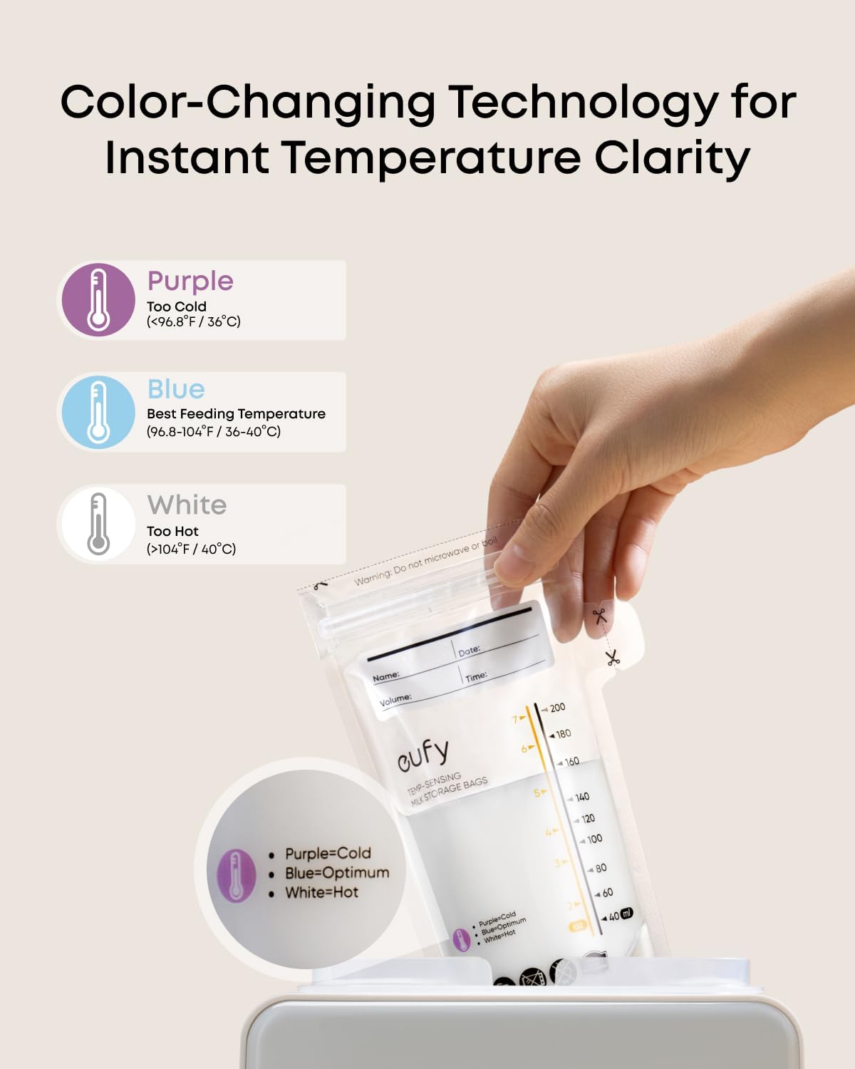 eufy Breast Milk Storage Bag with Temperature Sensing Color Change, Milk Storing Bags for Breastfeeding, 7 oz Disposable Storage Bags, Self-Standing, Leakproof Milk Freeze Storage Pouches (120 Pieces)