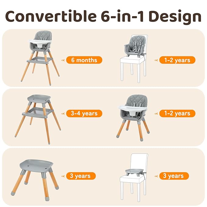Ezebaby 6 in 1 High Chairs for Babies and Toddlers, Baby High Chair Convertible to Booster Seat and Toddler Chair, Wooden High Chair with Storage and Dishwasher Safe Tray