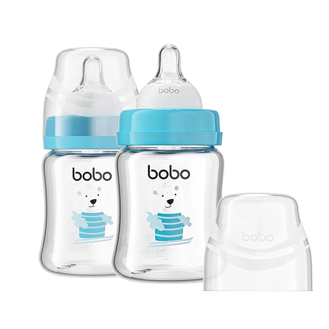 YOHKOH Glass Baby Bottles with Slow Flow Nipple, Newborn Anti-Colic Baby Bottles for 0+ Months, Wide Neck Feeding Bottle, Clear (Blue, 5oz (Pack of 2))