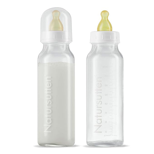 Natursutten Anti-Colic Glass Baby Bottle 2-Pack - 8 oz, 4 oz Bottles for Breastfeeding Babies - Newborn Bottles Set: Natural Rubber Slow-Flow Bottle Nipples, Seals, Valves, Baby Bottle Caps (8 Ounce)