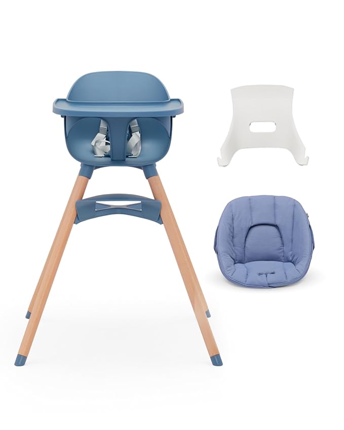 Lalo The High Chair Infant Kit - Convertible Wooden High Chair for Babies & Toddlers with Infant Support & Cushion, Grows with Your Child, Dishwasher Safe Tray, Adjustable Footrest Blueberry