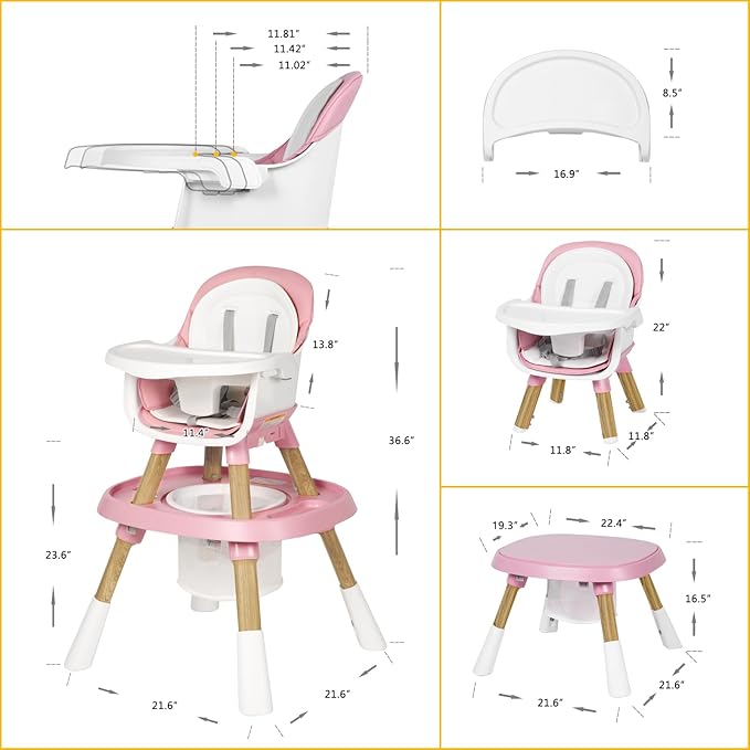 Baby High Chair, 15 in 1 Convertible High Chairs for Babies and Toddlers, Easy Clean High Chair for Baby, Babies Feeding Chair for 6-72 Months(Pink)