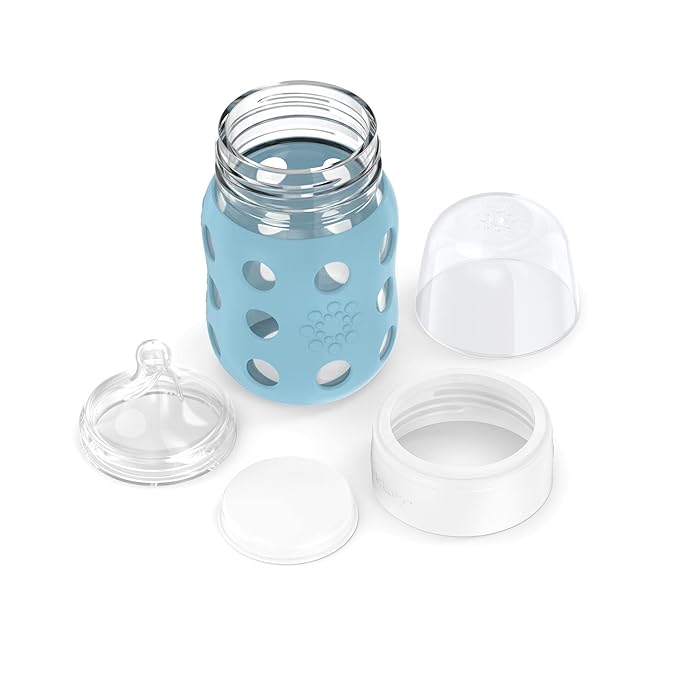 Lifefactory 8-Ounce Wide Neck Glass Baby Bottle with Protective Silicone Sleeve and Stage 2 Nipple, Denim (LG2211WDE4)