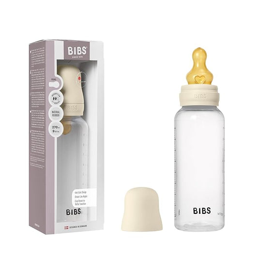 BIBS Baby Bottle 9 oz / 270 ml Natural Rubber Latex Nipple - Anti-Colic, BPA-Free, Round Nipple, Medium Flow, Lightweight & Easy to Clean, Suitable for Newborns 0+ Years - Ivory