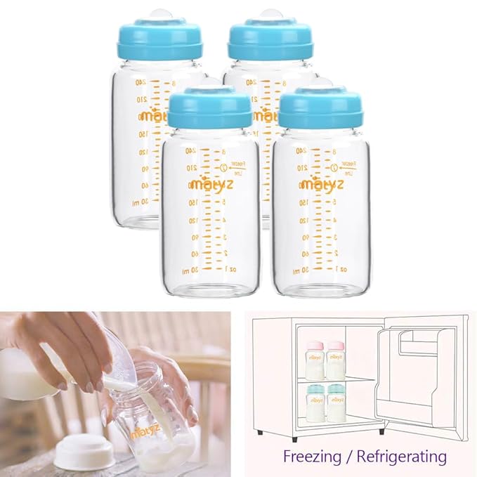 Matyz Glass Breastmilk Storage Bottles, 4 Pack, 8 oz, Sturdy Glass Bottle for Milk Freezing and Baby Feeding - Large Pumping Bottle for Philips Medela Spectra Breast Pumps - No BPA (Blue Lids)