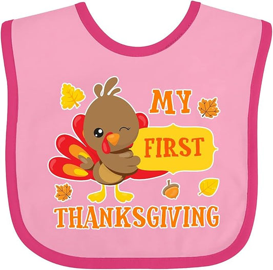 inktastic My First Thanksgiving with Turkey and Leaves Baby Bib