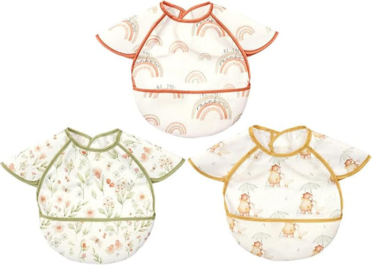 Feeding Bibs for Baby,3 Pack-Waterproof & Easy Clean Feeding Bibs for Toddlers & Infant,Reversible Pockets