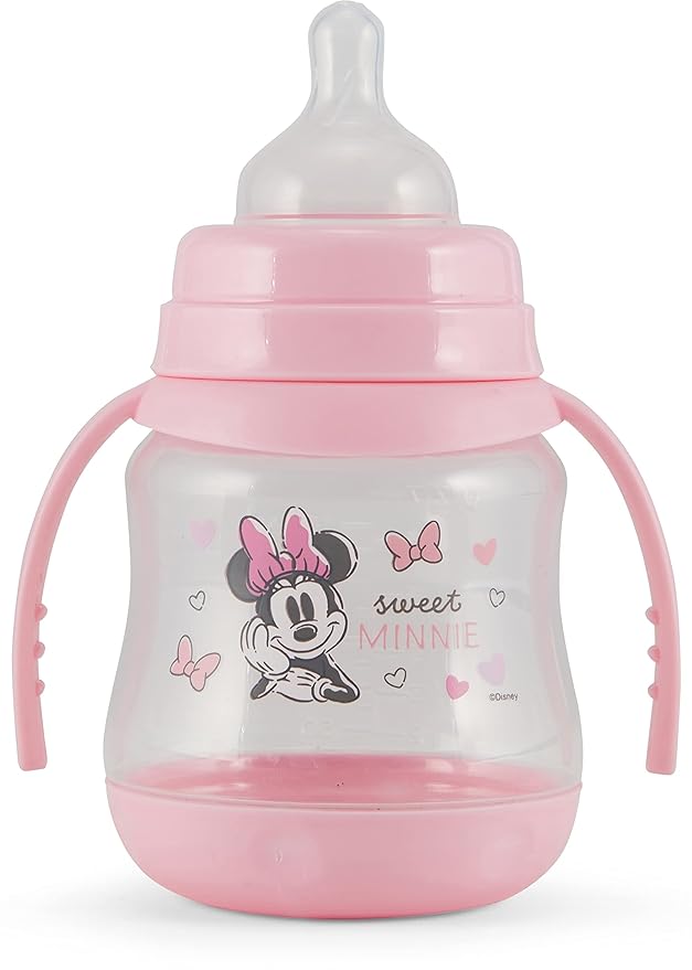Disney 2 Pack 7 Ounce Baby Bottles with Character Prints and Colored Covers with Double Handle - BPA Free and Easy to Clean