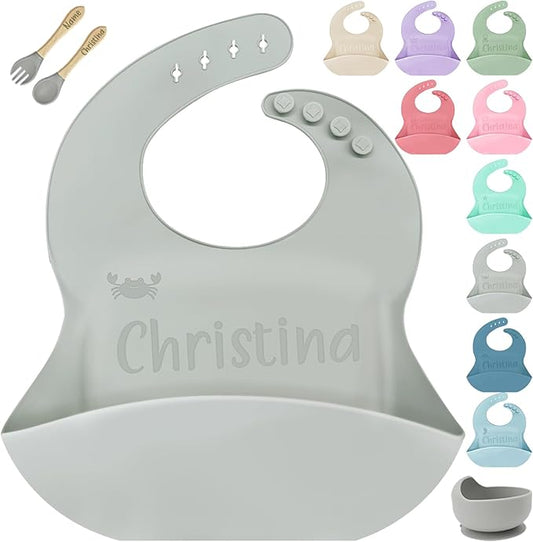 SRdrew Personalized Silicone Bibs Set Custom Engraved Name Icon Toddler Bib Durable Adjustable for Boy Girl