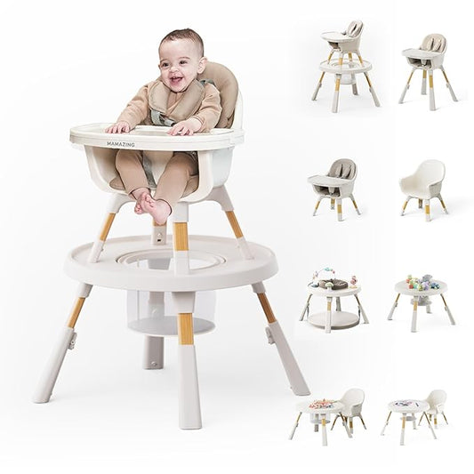 MAMAZING 8-in-1 High Chair,Infant and Toddler High Chair with Removable Tray, Seating for 8 Stages of Development from Infant to Toddler, Convertible Baby high Chair with Activity Center,Khaki