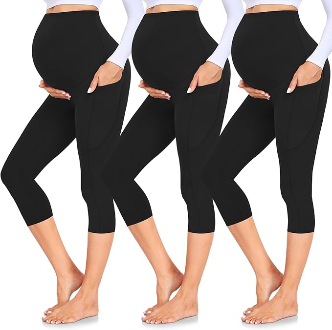 GROTEEN 3 Pack Women's Maternity Leggings with Pockets Over The Belly Workout Yoga Pregnancy Pants