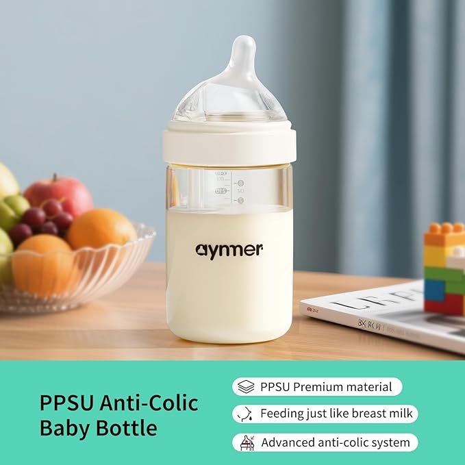 PPSU Natural Baby Bottle with Medium Flow Nipple, Anti-Colic, Wide Neck, Easy to Clean, 3 Months +, 8 oz, 2 Pack