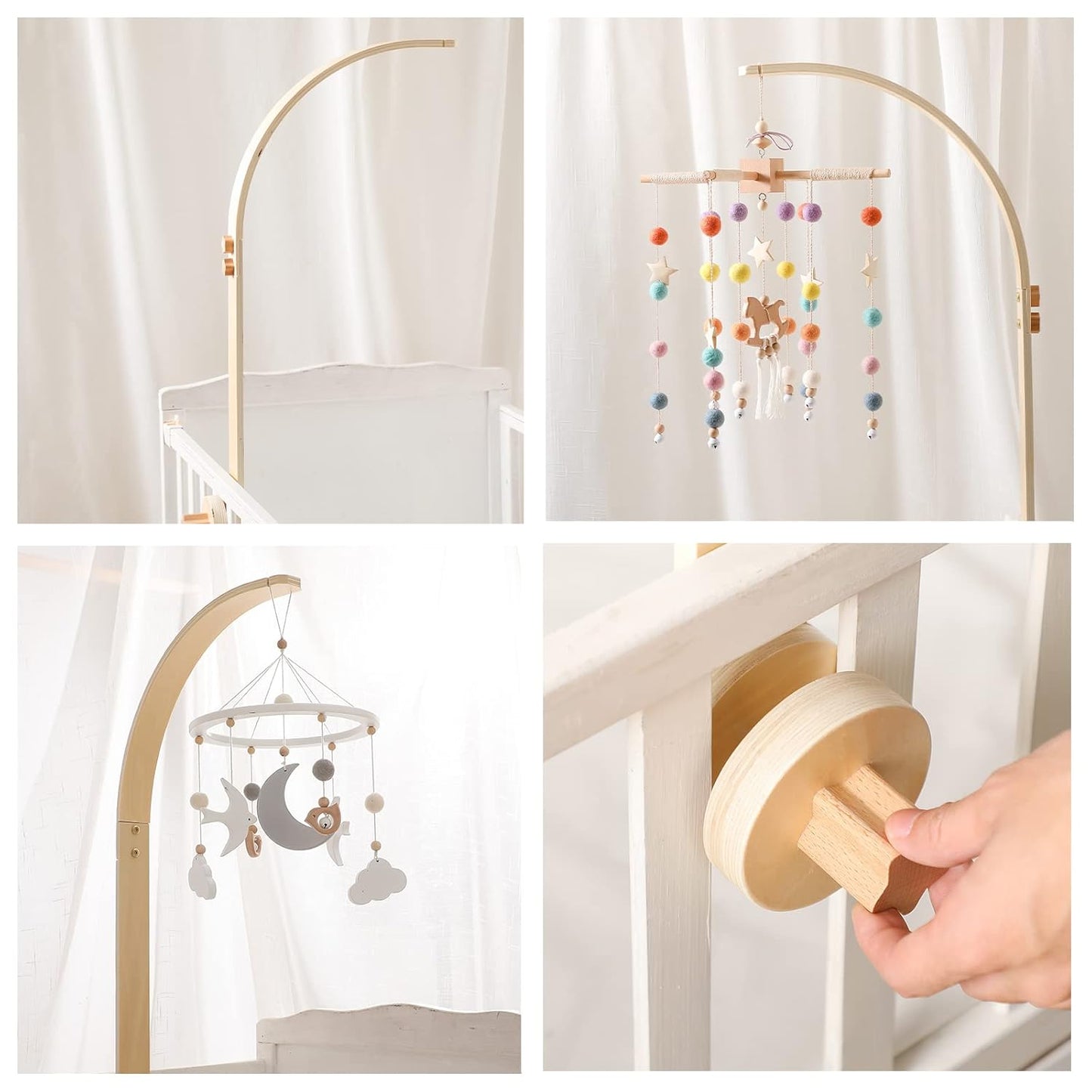 Baby Crib Mobile Arm - Wooden Baby Mobile Crib Holder for Hanging Baby Crib Attachment for Nursery Decor (Curved Structural Arm)