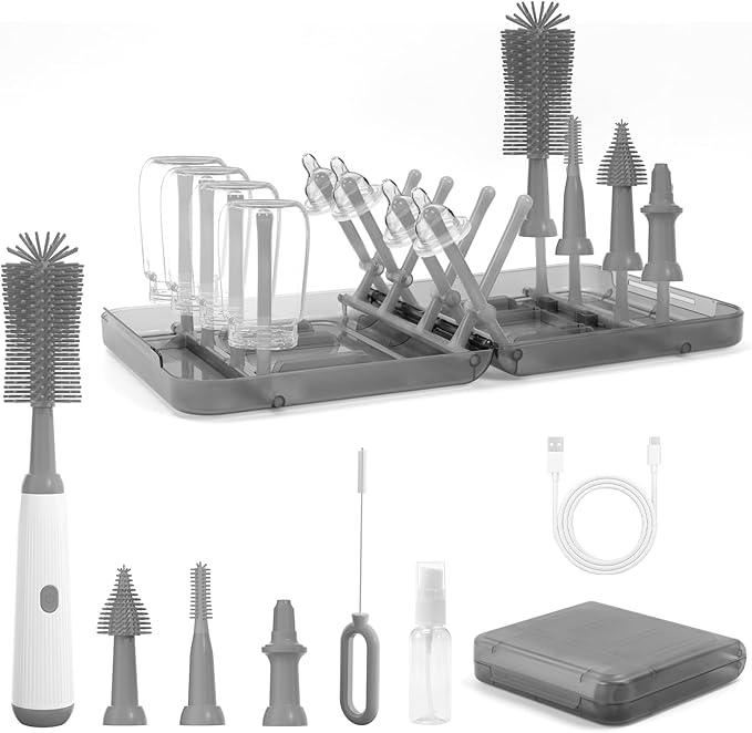 Electric Bottle Brush Cleaner, 9 in 1 Baby Bottle Brush Kit with Nipple Straw Crevice Brushes Drying Rack Extender Soap Dispenser Storage Box, Rechargable Bottle Cleaner Set for Travel & Home (Gray)