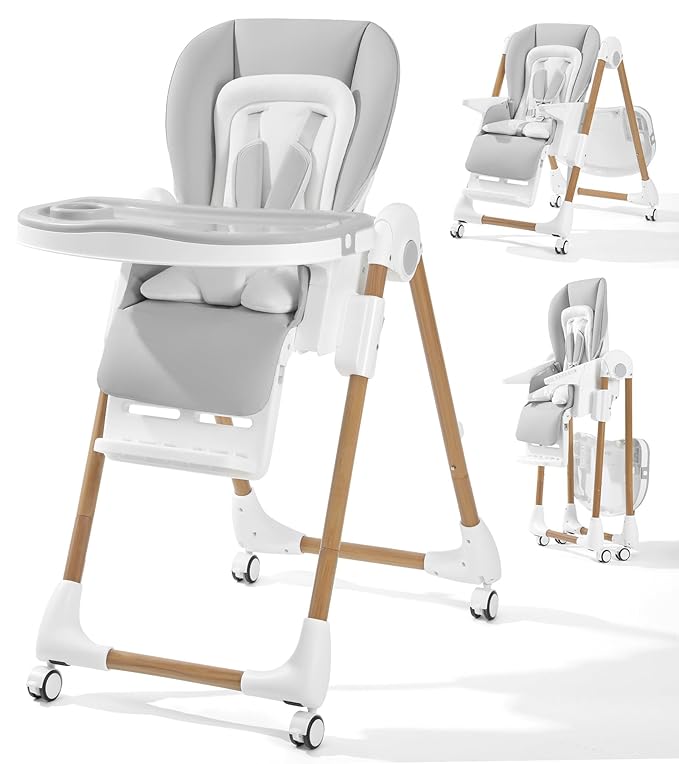 Mallify Foldable High Chairs for Babies and Toddlers, 3-in-1 Convertible Baby High Chair with Removable Soft Cushion and Tray, Adjustable Height & Recline, Lockable Wheels, Ligh Gray