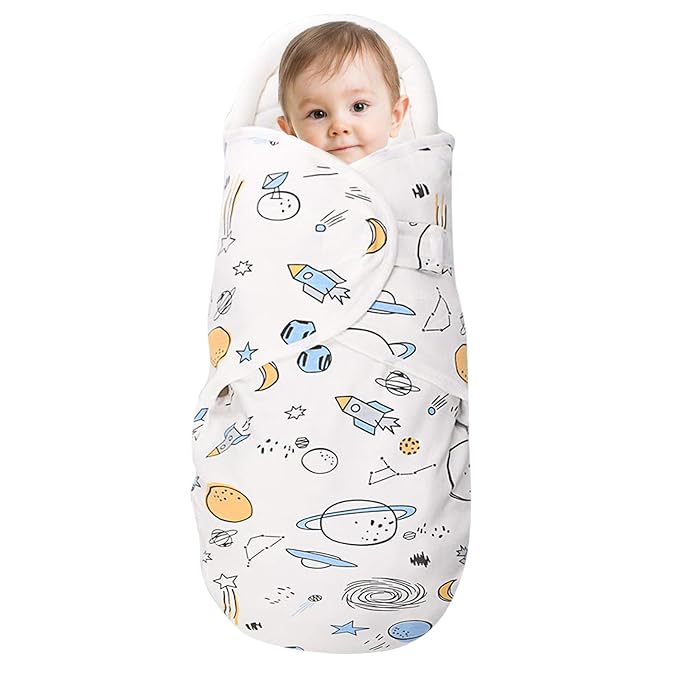 Premium Soft Cotton Baby Swaddle Blankets, Unisex Baby Blanket Wrap for Newborn Baby Boys Girls, Skin Friendly Wearable Swaddling Sleep Sack Calms Startle Reflex (Planet, White, 3-6 Months)
