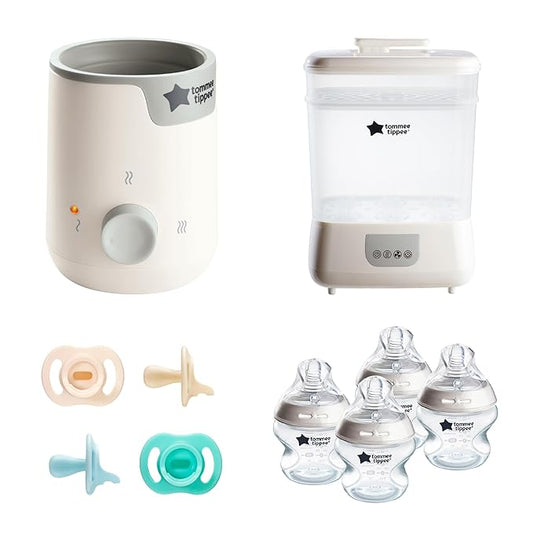 Tommee Tippee Ultimate Feeding Kit, Steridryer Electric Steam Sterilizer and Dryer, Easiwarm Baby Bottle Warmer, Ultra-Light StayPut Pacifier & 5oz Natural Start Anti Colic/Gas Baby Bottles