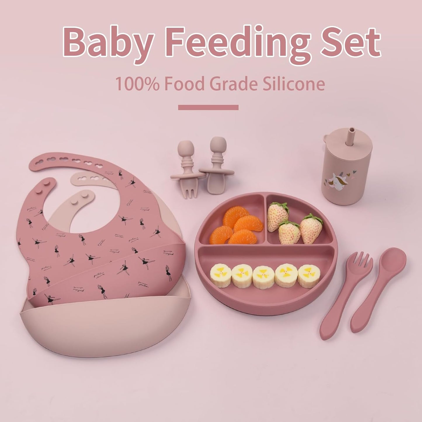 Silicone Baby Feeding Set, Baby Led Weaning Supplies, Baby Spoons Suction Divided Plate Bib Cup, First Stage Solid Food Eating Utensils - 6+ Months(Pink-Red)