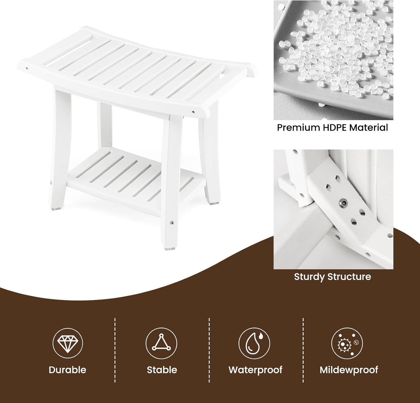 GOFLAME 2-Tier Shower Bench, Spa Bath Shower Stool with Curved Seat, 2 Easy-to-Grip Handles, Storage Shelf & Non-Slip Foot Pads, Waterproof Shower Chair for Bathroom, Living Room, Entryway, White