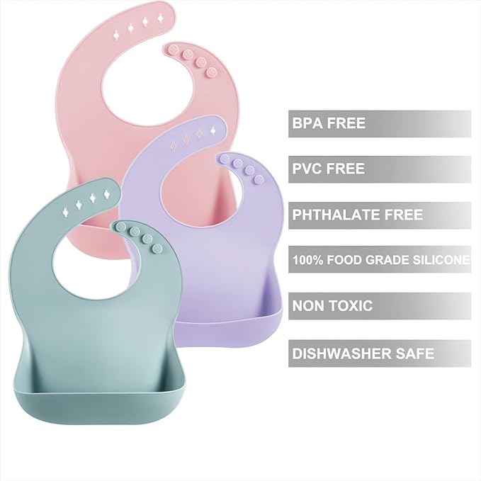 PandaEar 3 Pack Silicone Bibs for Babies Toddlers Girls, Adjustable Fit BPA Free Waterproof Bibs with Pocket Food Catcher (Blue/Pink/Purple)