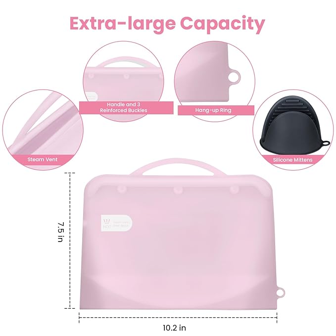 Silicone Microwave Steam Sterilizer Bag for Baby Bottles, Reusable Sterilizing Bag for Pump Parts and Toddler Accessories, Easy to Use Sterilizer Bags Perfect for Home and Travel, Pink& White (2PC)