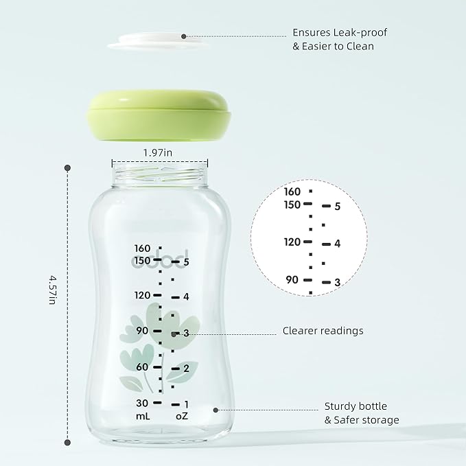 YOHKOH Glass Breast Milk Storage Bottles - 100% Leak-Proof, BPA-Free Breastmilk Storage Containers, Freezer & Dishwasher Safe, Ideal for Nursing Mothers (Green, 5.4oz (Pack of 4))