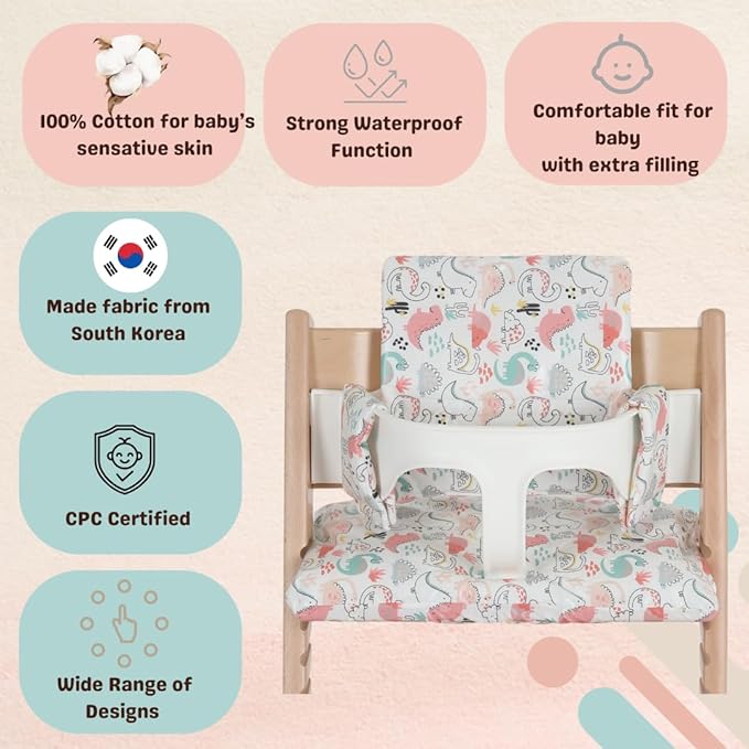 Waterproof & Compatible Stokke Tripp Trapp Cushion Set - Easy to Clean - Made Fabric from Korea - 100% Cotton Stokke Tripp Trapp High Chair Cushion Set (Dino Friends)