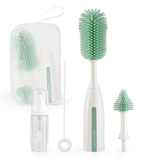 Momcozy Bottle Brush Kit Pro, Innovative Push-Press Design for Deep Cleaning - Bottle Cleaner Brush for Bottle/Breast Pumps/Nipple - Clog-Free Brush & Foam-Generating Design for Better Cleaning, Green