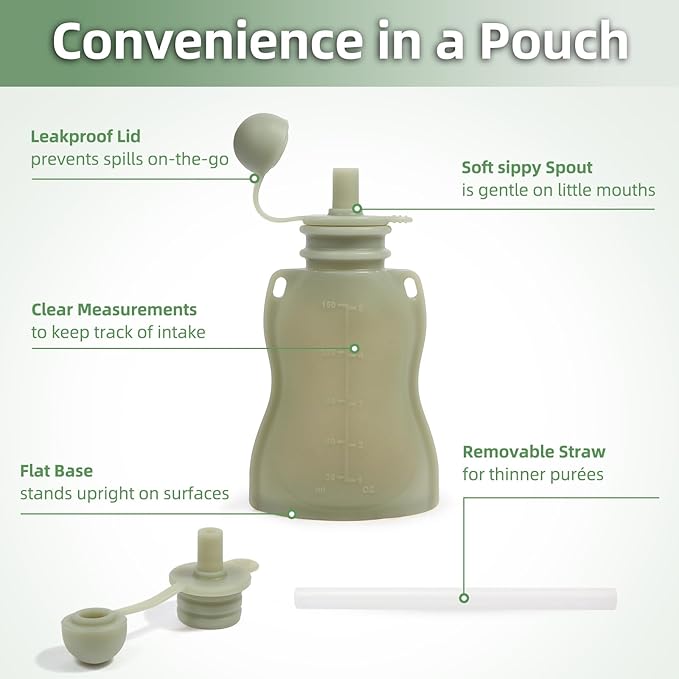 Reusable Baby Food Pouches with Straws, 4 Pack Refillable Silicone Squeezable Pouch for Kids Toddlers, BPA Free, Baby Food Storage Containers for Make Homemade, 5 oz