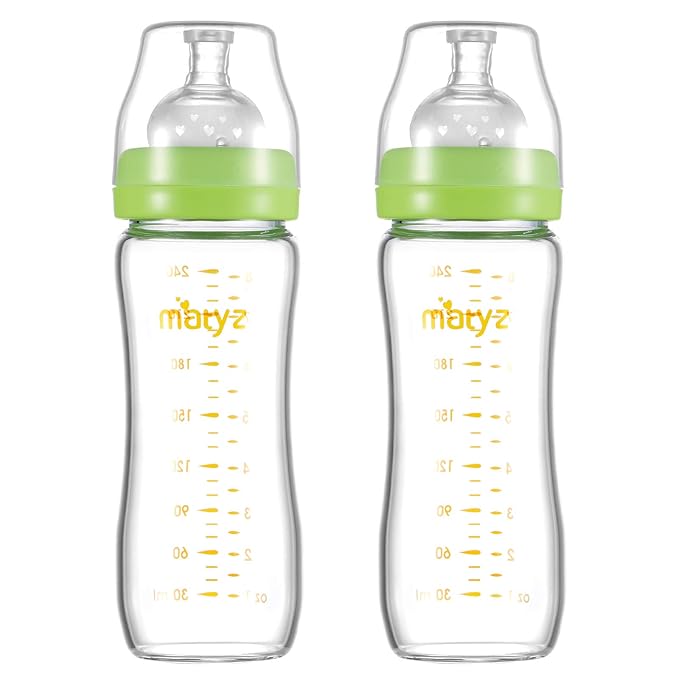 Matyz Glass Breastmilk Baby Feeding Bottle with Nipple, 2 Pack, 8 oz Slim and Light Bottle Easy to Hold, Food Grade Borosilicate Glass, Wide Neck Easy to Clean, No BPA (Green Lids)