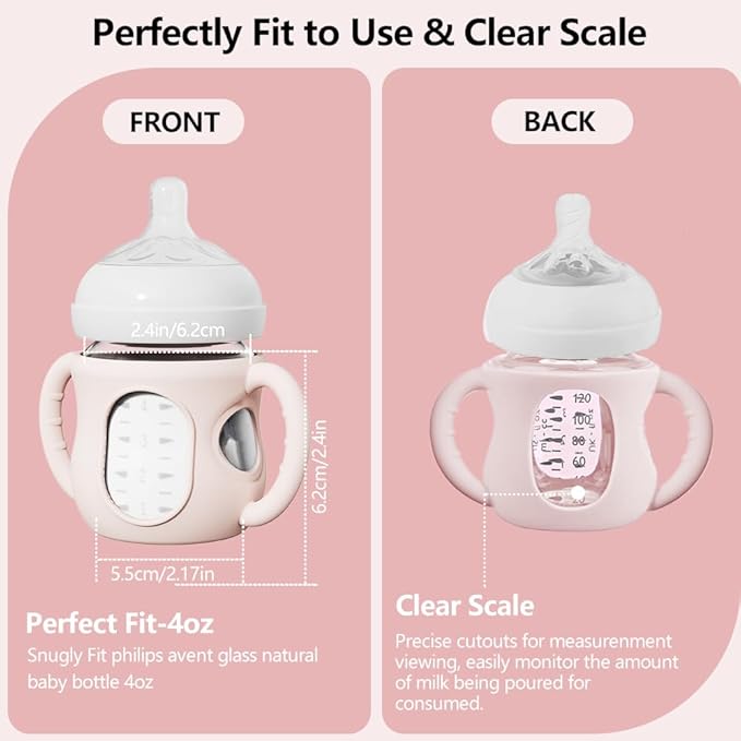 2 Pack Silicone Sleeves for Avent Natural Glass Bottles, Anti Breakage Bottle Holder with Handle, Compatible Philips Avent Glass Natural Bottle 4 oz