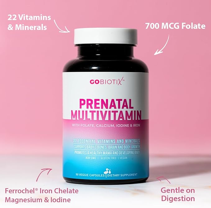 GOBIOTIX Prenatal Vitamins for Women - Multivitamins with Iron, Calcium, Vitamin D2, C, Zinc & Folic Acid for Pregnancy - Pre and Postpartum Essentials - Non-GMO - 90 Capsules