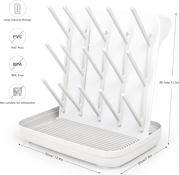 Termichy Baby Bottle Drying Rack: Large Vertical Bottle Dryer Rack Holder - Space Saving Standing Drying Rack for Baby Bottles and Pump Part Cleaning (White)